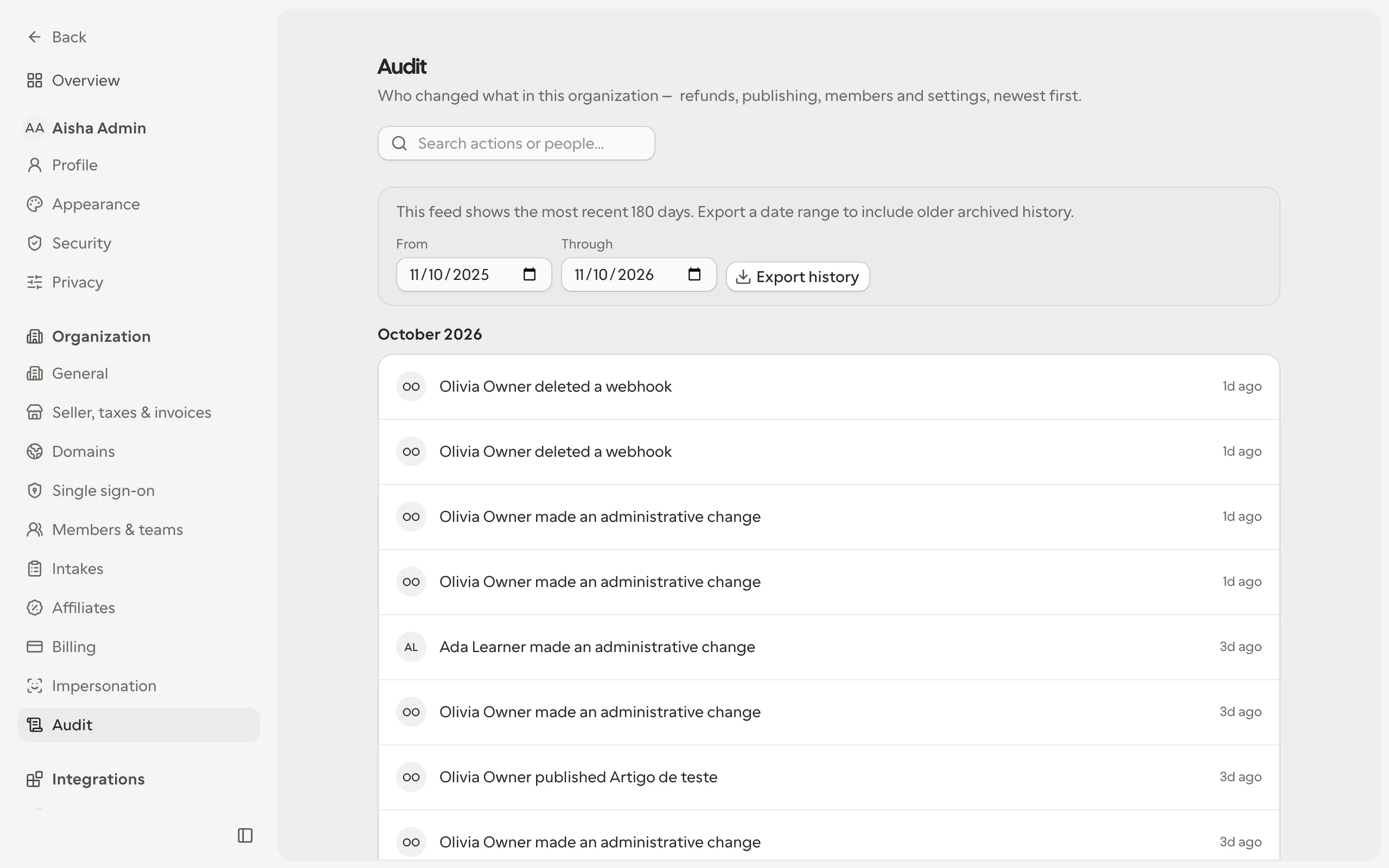 Organization audit history grouped chronologically by actor and action