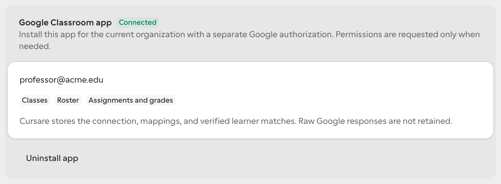 Google Classroom connection showing the authorized account and active permissions