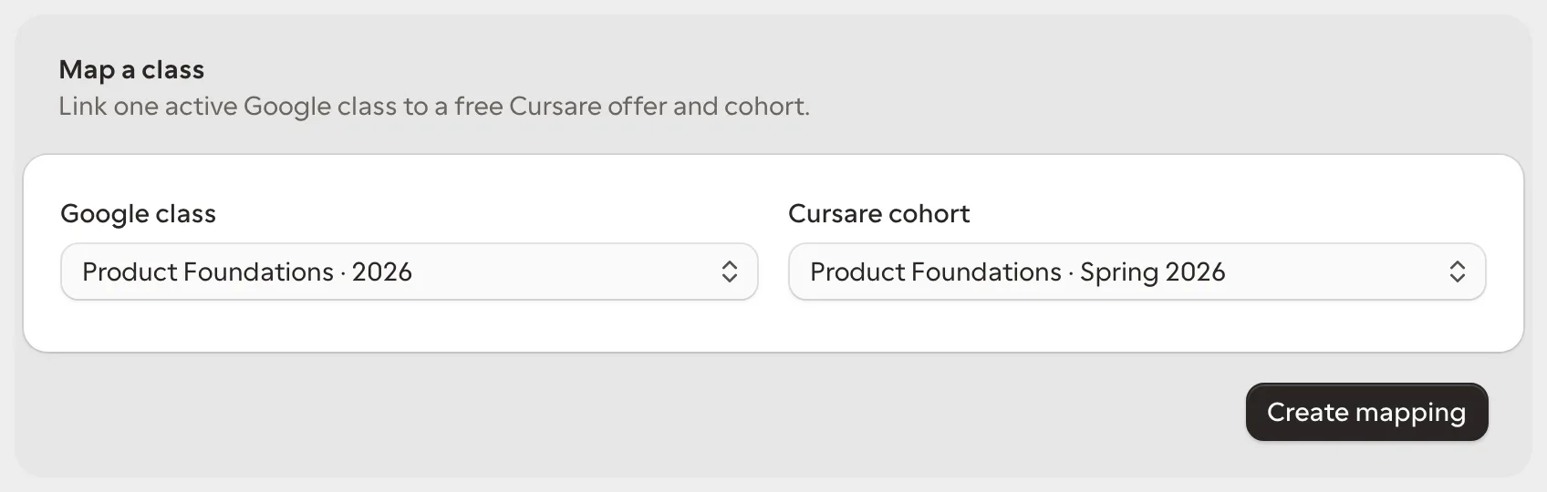 Form for mapping a Google class to a Cursare cohort
