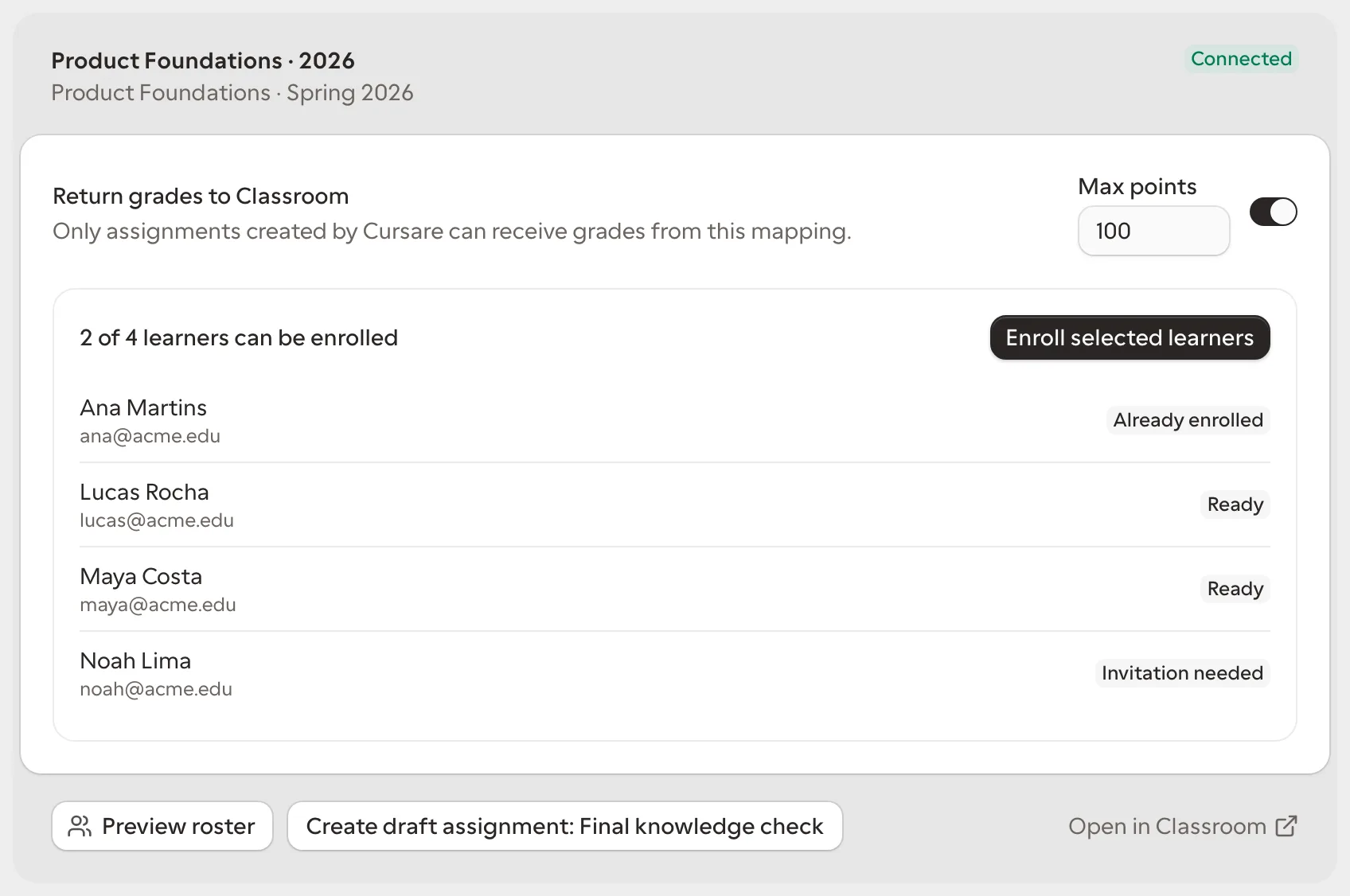 Cohort mapping with learner enrollment states, grades, and assignment actions