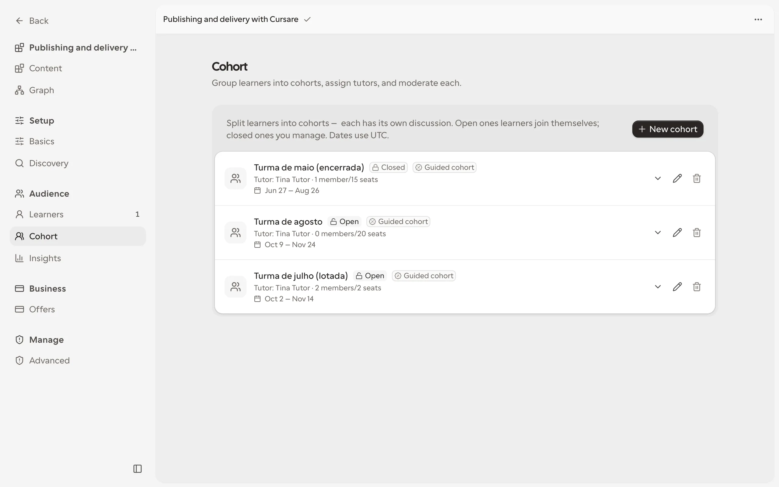 Cohort management with delivery dates, seats, tutors, and learners