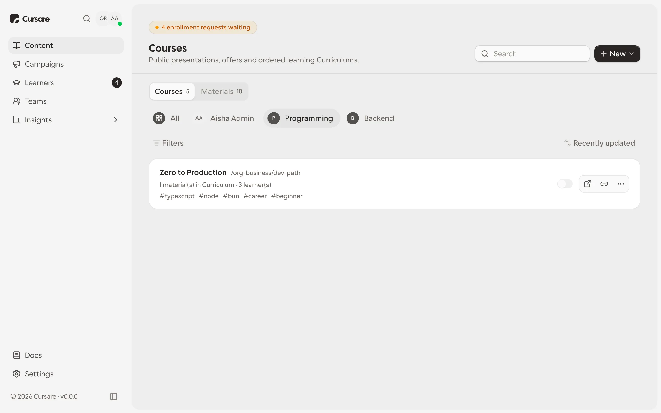 Content library organized by personal and team ownership