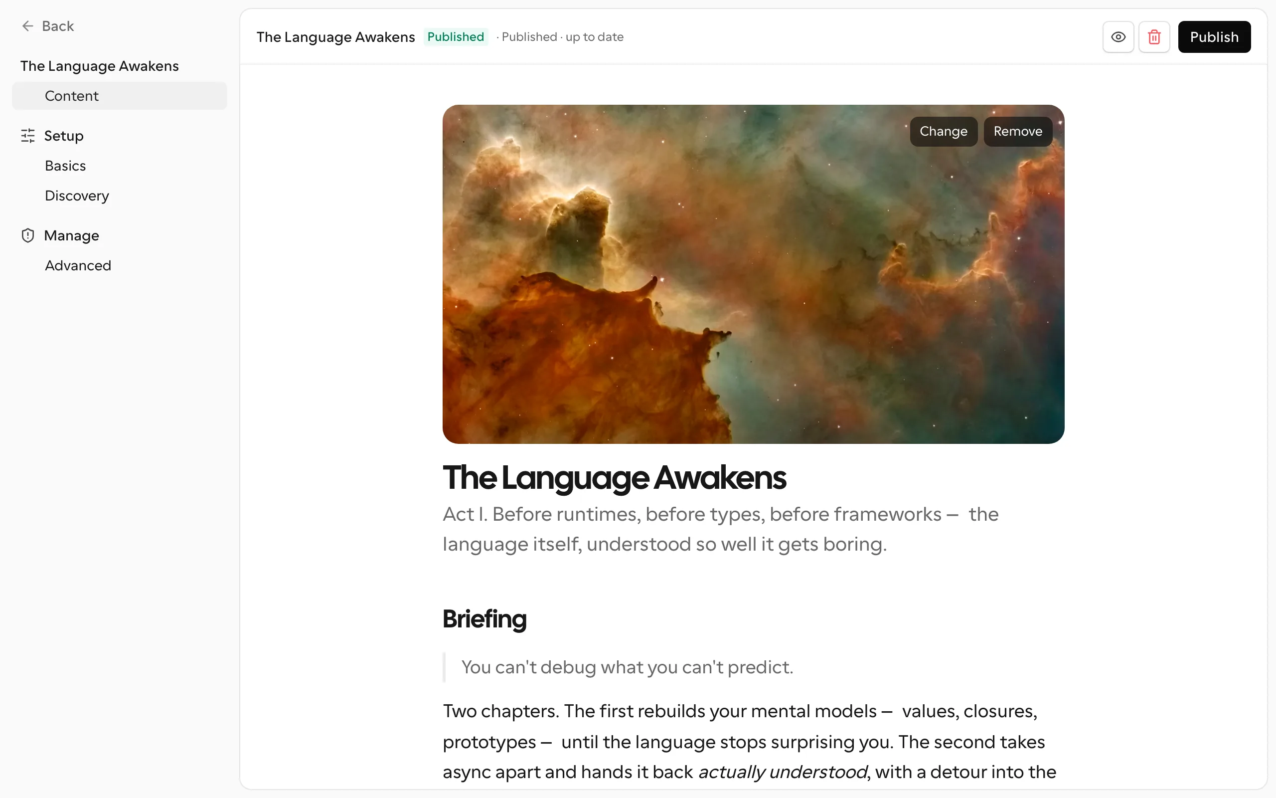Cursare content editor showing rich learning material