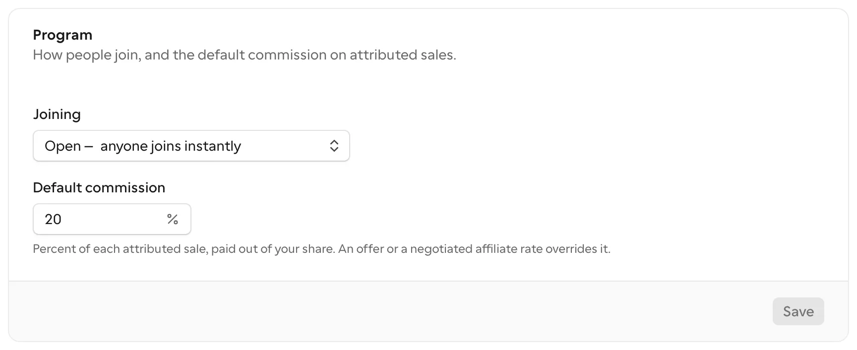 Affiliate program settings with joining mode and default commission