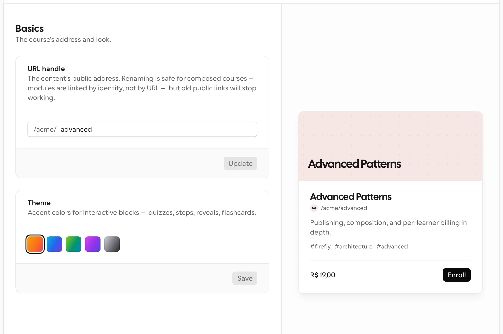 Content URL, theme controls, and the live public-page preview