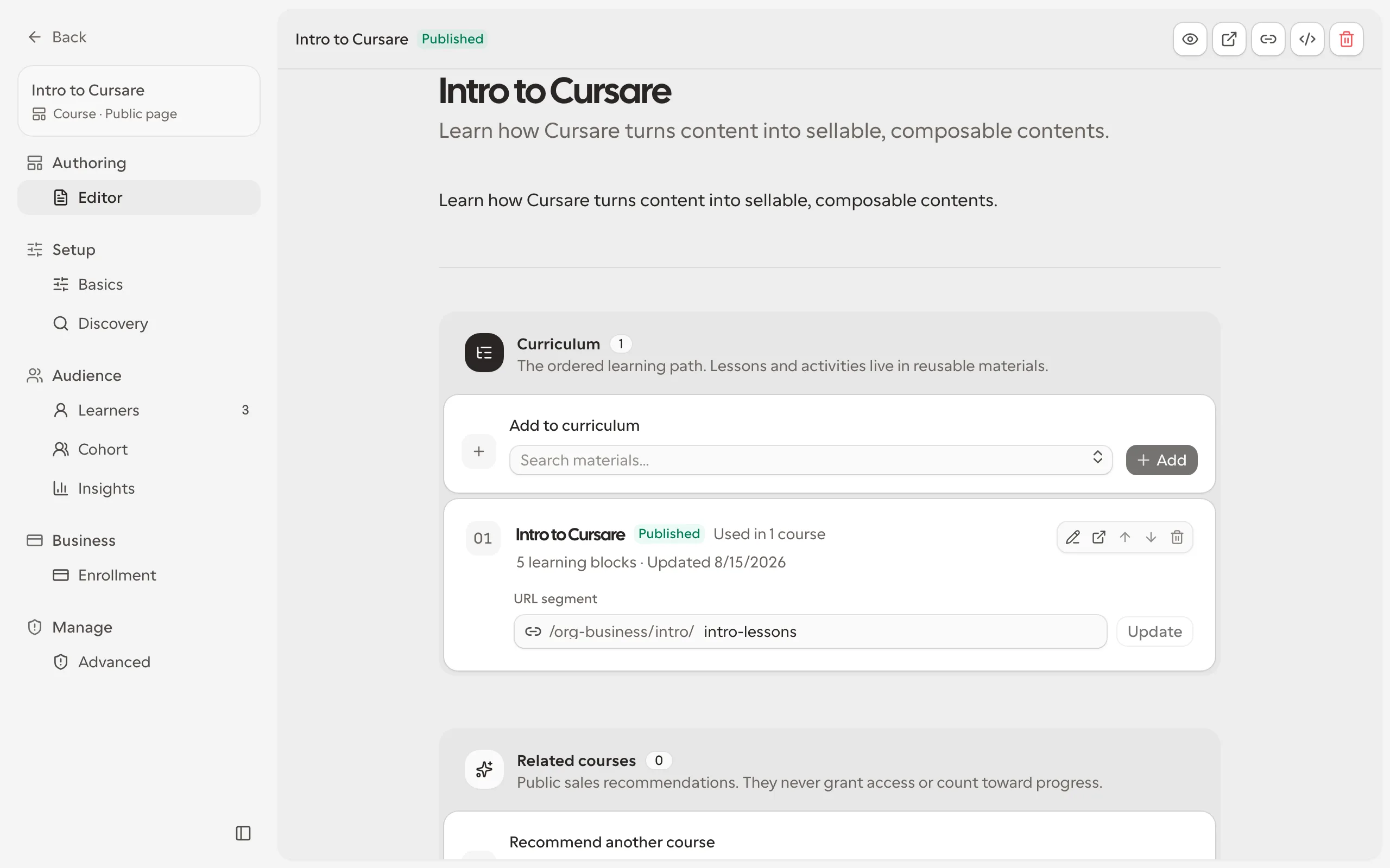The content authoring canvas with published material