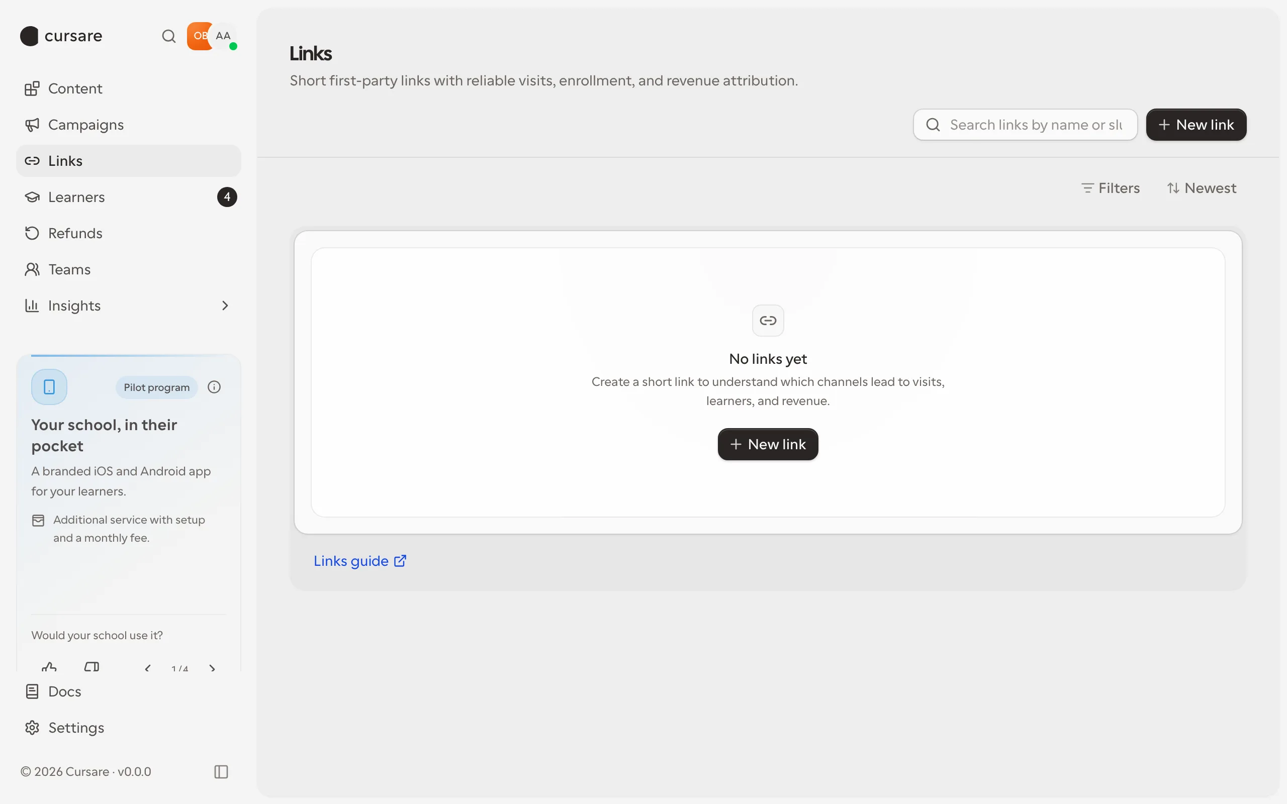 Links dashboard for first-party attribution and campaign destinations